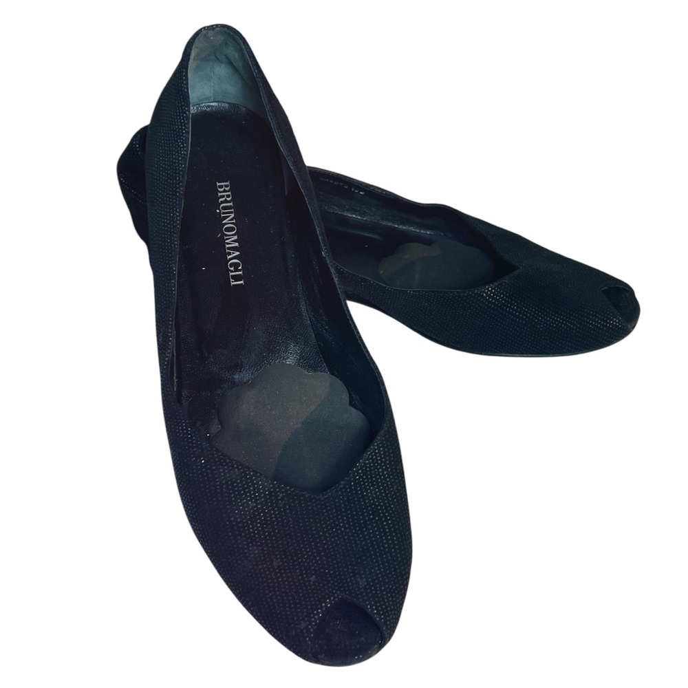 Bruno Magli Black Peep Toe Mini Wedge Flats Size 10 Quiet Luxury‎ Capsule EUC